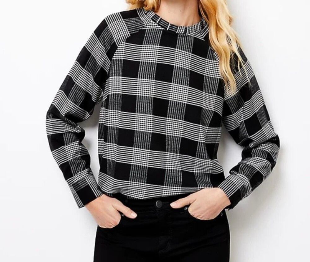 NWT loft plaid pleated, ruffle, neck, black and white blouse. XL.